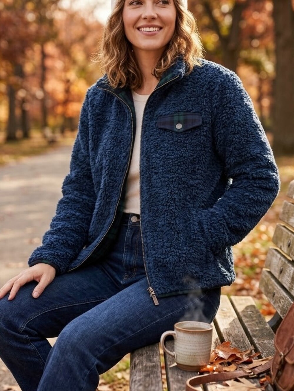 Pendleton Blue Sherpa Fleece Full Zip Jacket Plaid Lined Medium